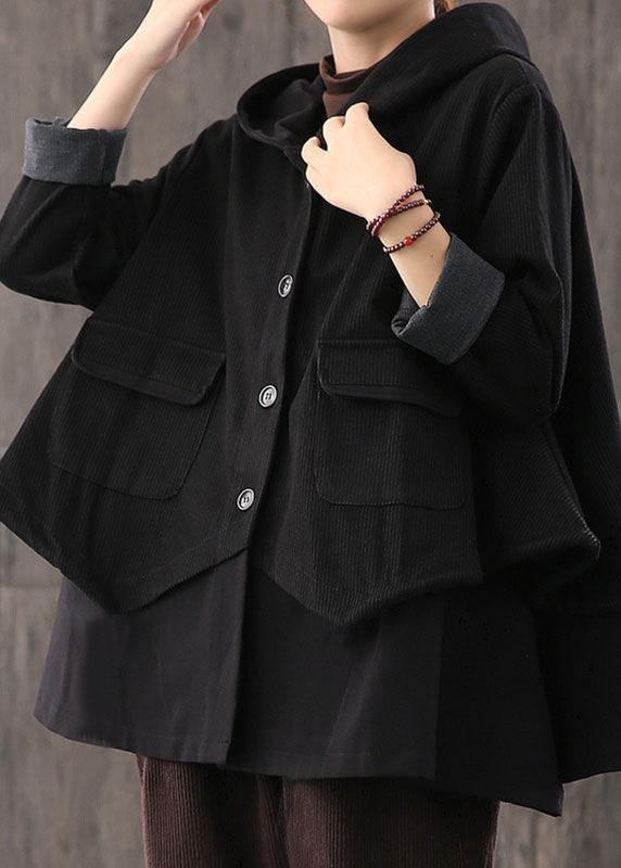 Handmade Black drawstring Patchwork Striped Casual Coat Fall - Omychic