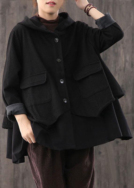 Handmade Black drawstring Patchwork Striped Casual Coat Fall - Omychic