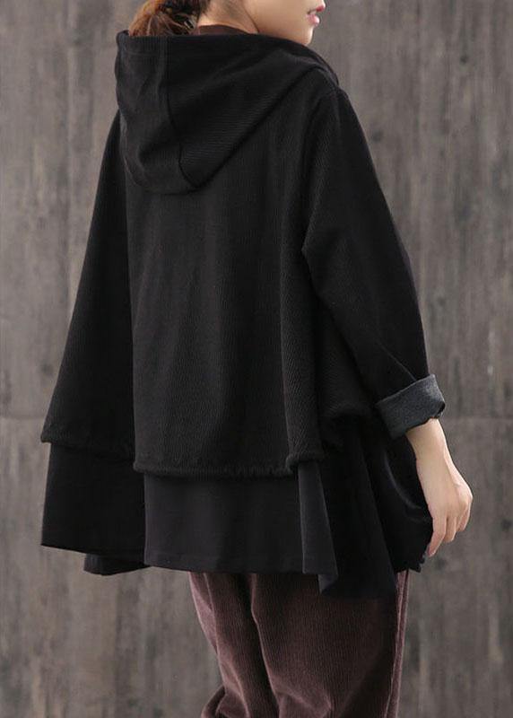 Handmade Black drawstring Patchwork Striped Casual Coat Fall - Omychic