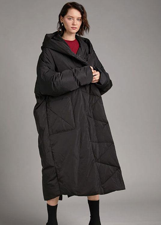 Handmade Black hooded Pockets Loose Winter Down Coat - Omychic