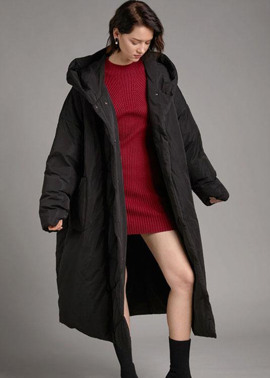 Handmade Black hooded Pockets Loose Winter Down Coat - Omychic