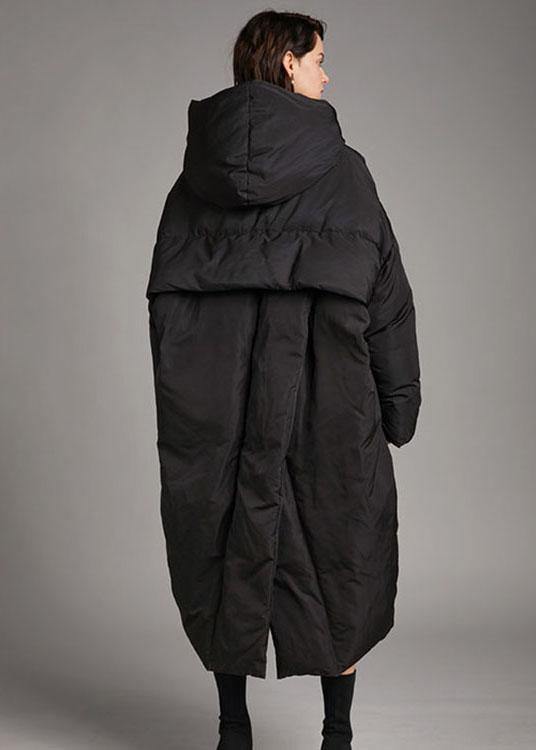 Handmade Black hooded Pockets Loose Winter Down Coat - Omychic