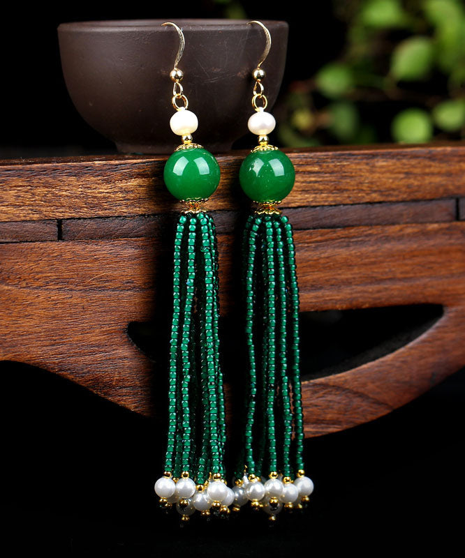 Handmade Blackish Green 14K Gold Pearl Dry Green Glass Beads Drop Earrings