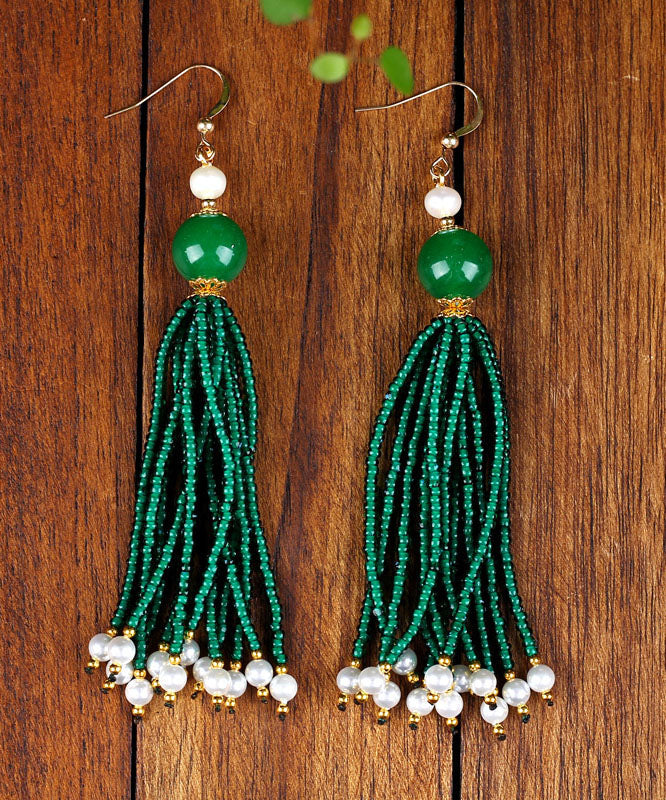 Handmade Blackish Green 14K Gold Pearl Dry Green Glass Beads Drop Earrings