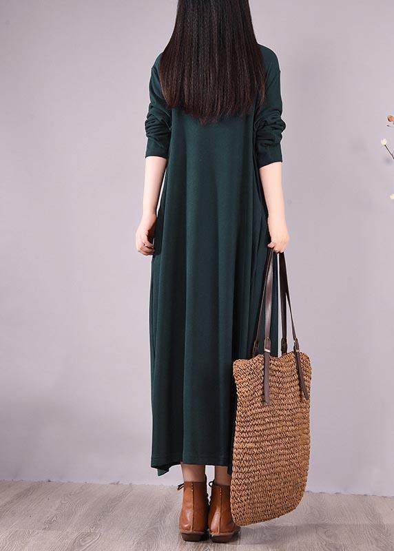 Handmade Blackish Green Embroidery Clothes High Neck Cinched Robes Spring Dresses - Omychic