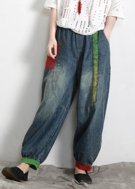 Handmade Blue Elastic Waist Patchwork Summer Pants - Omychic