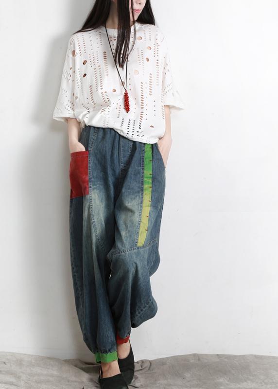 Handmade Blue Elastic Waist Patchwork Summer Pants - Omychic