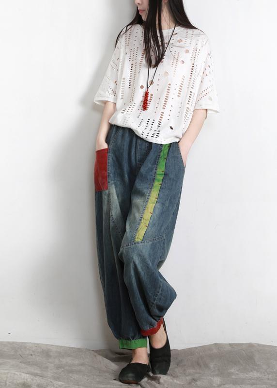 Handmade Blue Elastic Waist Patchwork Summer Pants - Omychic