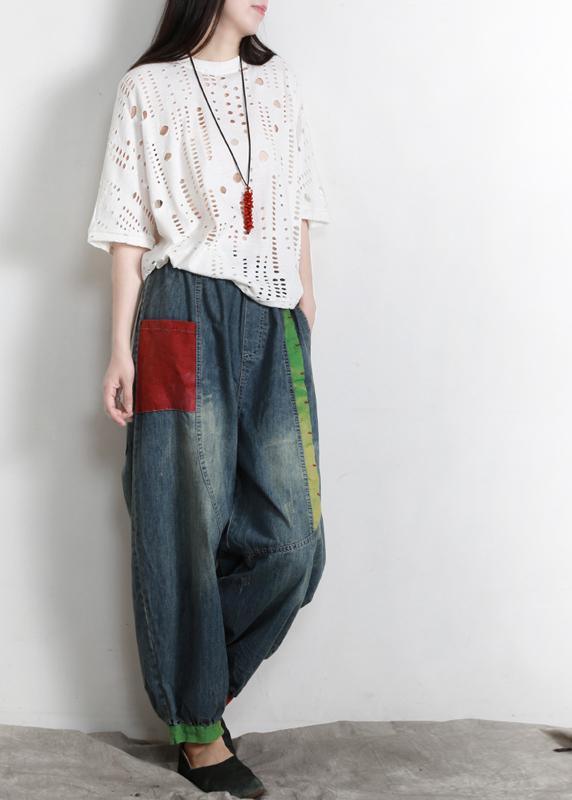 Handmade Blue Elastic Waist Patchwork Summer Pants - Omychic