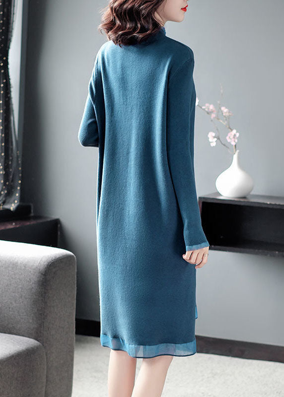 Handmade Blue High Neck Ruffled Patchwork Print Knitted Dress Winter