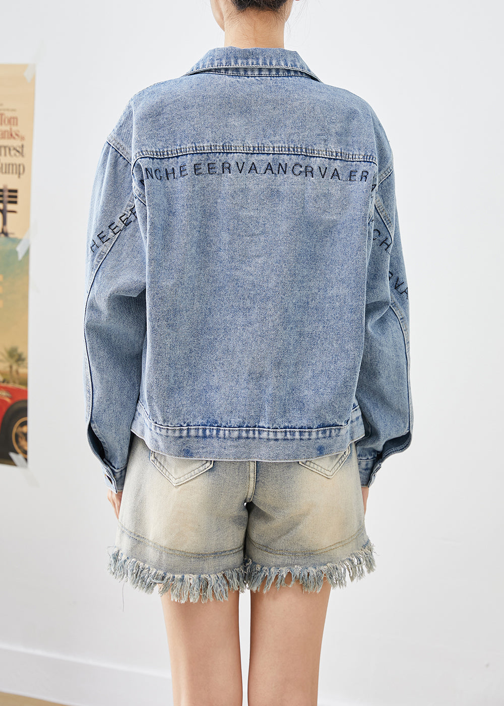 Handmade Blue Letter Embroideried Denim Coat Outwear Fall