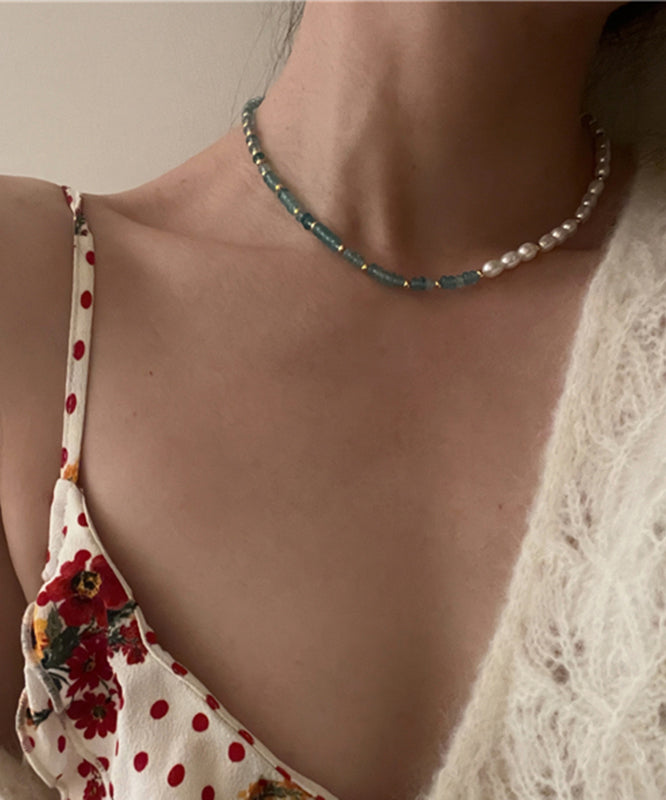 Handmade Blue Overgild Inlaid Jade Pearl Necklace
