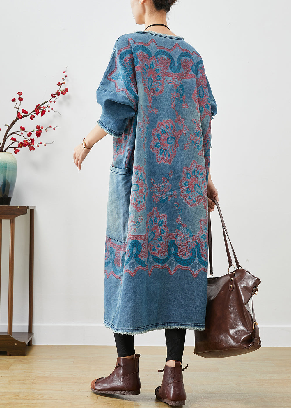 Handmade Blue Oversized Print Denim Dress Fall