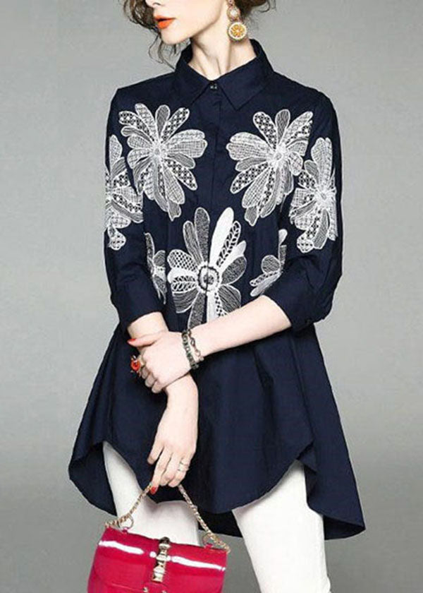 Handmade Blue Peter Pan Collar Embroideried Asymmetrical Design Cotton Long Shirt Half Sleeve