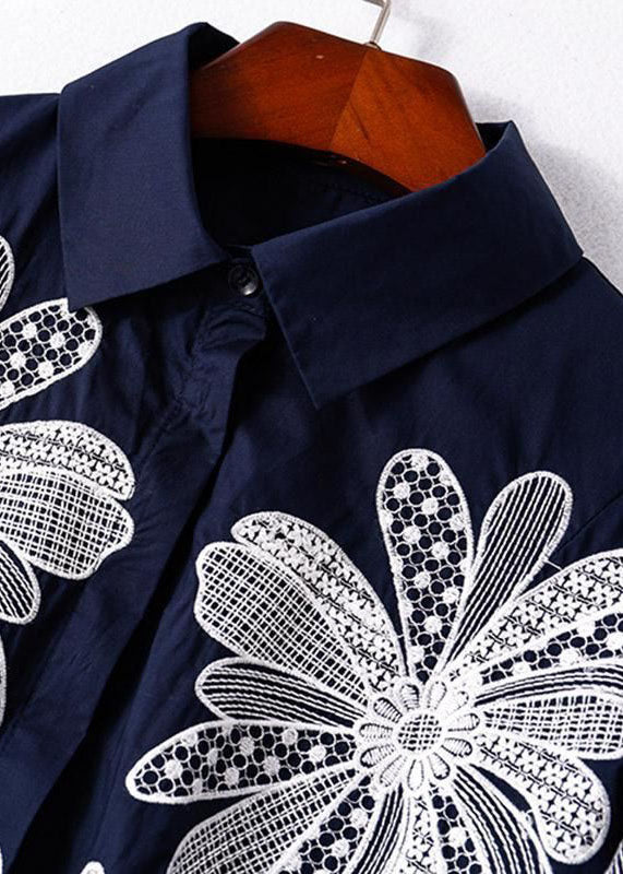 Handmade Blue Peter Pan Collar Embroideried Asymmetrical Design Cotton Long Shirt Half Sleeve