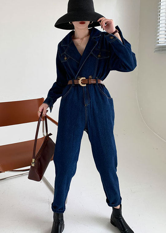 Handmade Blue Peter Pan Collar denim Jumpsuit Spring