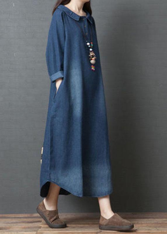 Handmade Blue PeterPan Collar Pockets  Patchwork Fall Denim Long sleeve Dresses - Omychic