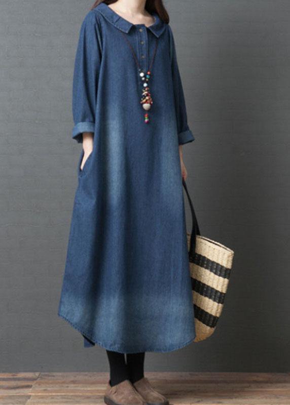 Handmade Blue PeterPan Collar Pockets  Patchwork Fall Denim Long sleeve Dresses - Omychic