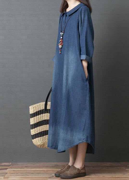 Handmade Blue PeterPan Collar Pockets  Patchwork Fall Denim Long sleeve Dresses - Omychic