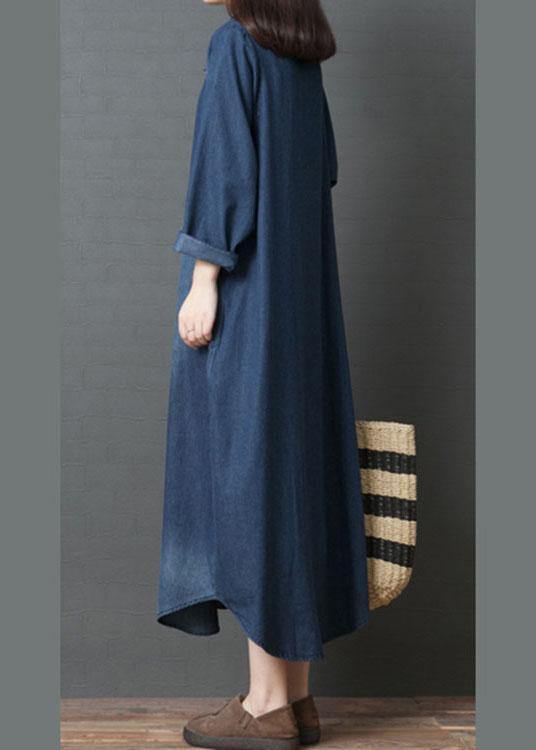 Handmade Blue PeterPan Collar Pockets  Patchwork Fall Denim Long sleeve Dresses - Omychic