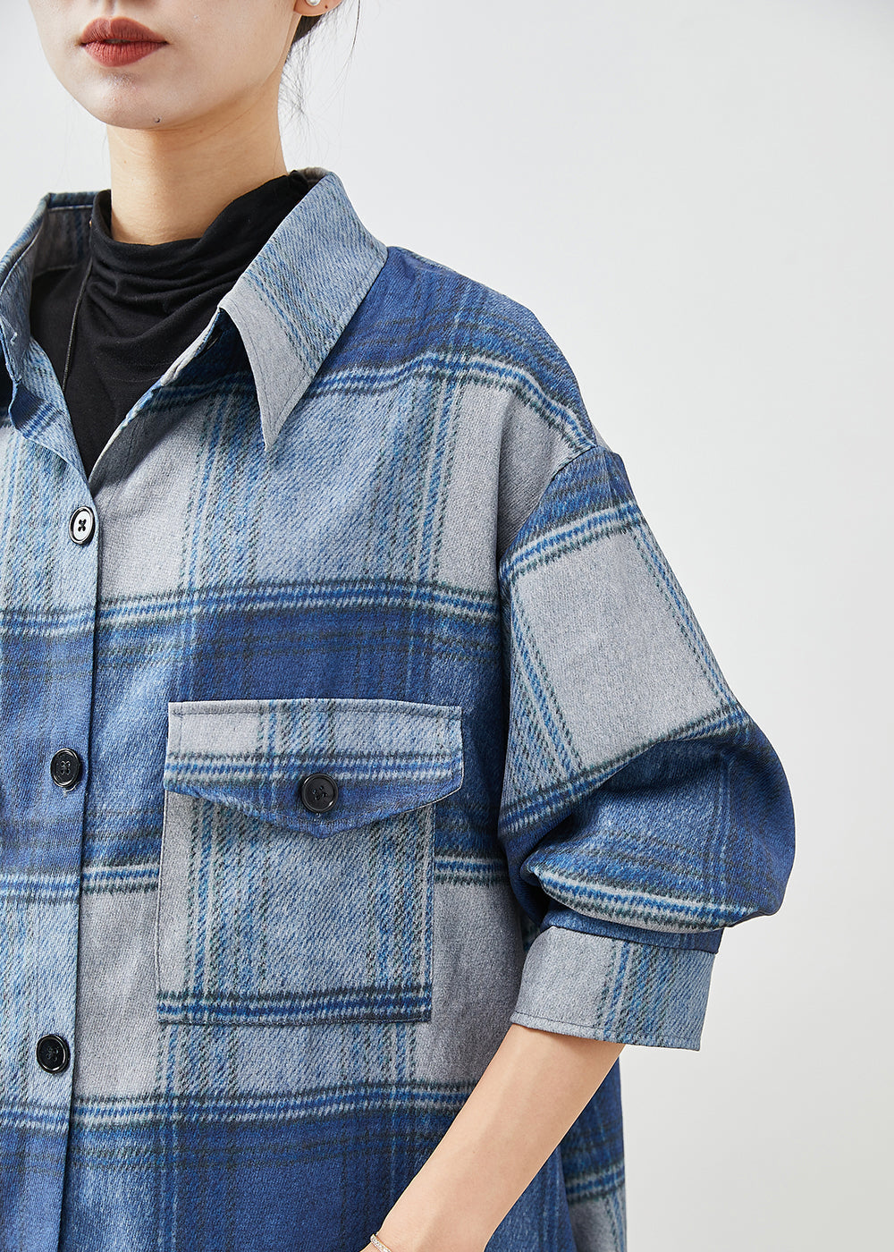 Handmade Blue Plaid Woolen Shirt Trench Coats Fall