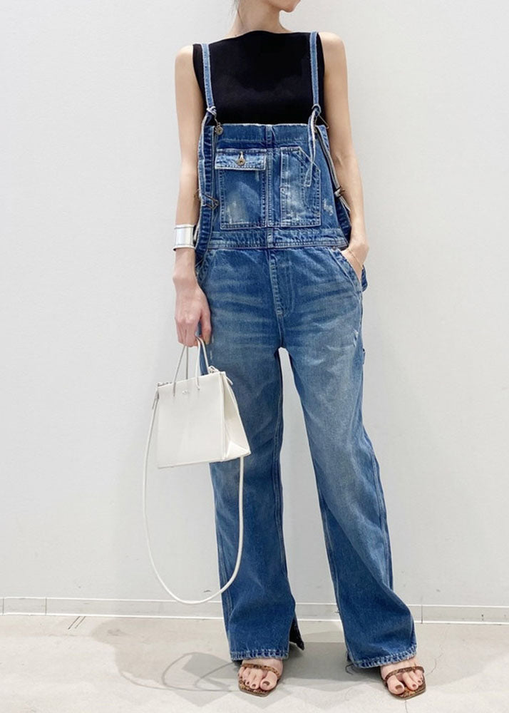 Handmade Blue Pockets Patchwork Denim Straight Jumpsuit Spring