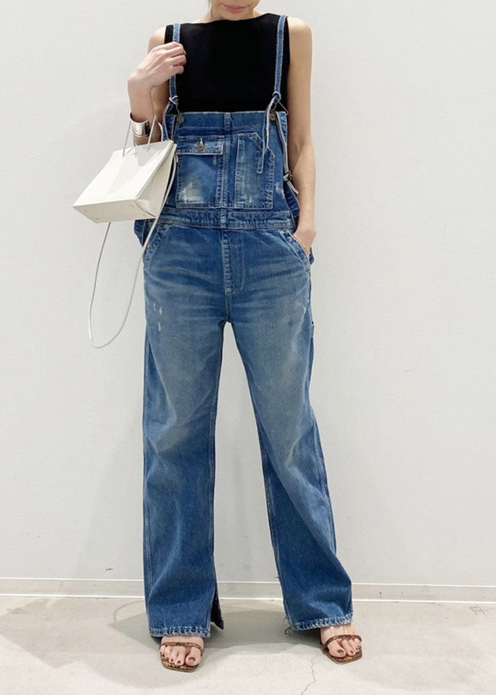 Handmade Blue Pockets Patchwork Denim Straight Jumpsuit Spring