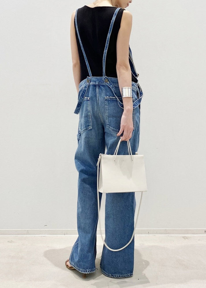 Handmade Blue Pockets Patchwork Denim Straight Jumpsuit Spring