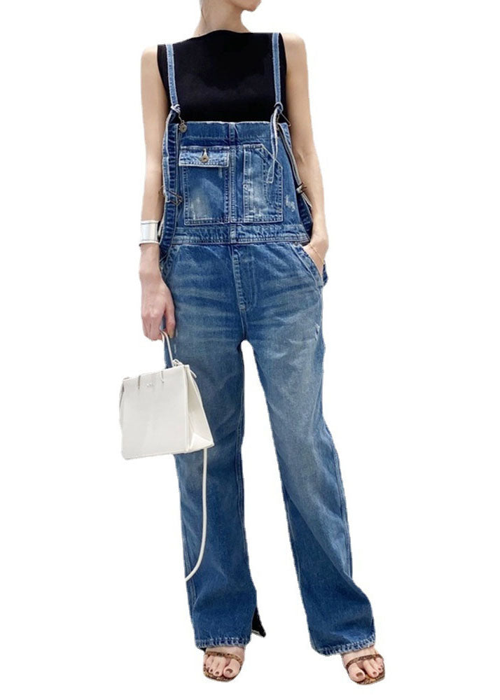 Handmade Blue Pockets Patchwork Denim Straight Jumpsuit Spring