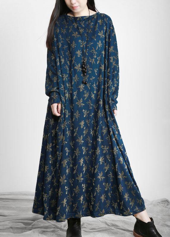 Handmade Blue Print Long Sleeve Fall Dress - Omychic