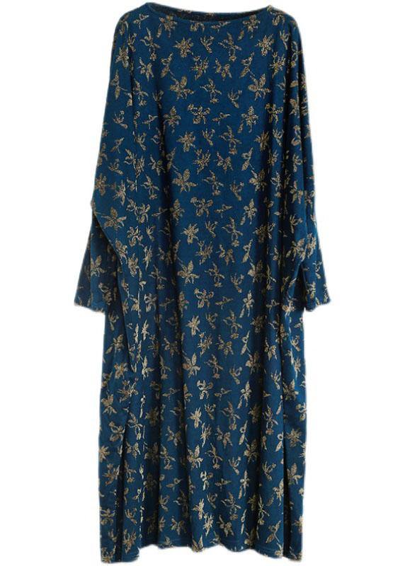 Handmade Blue Print Long Sleeve Fall Dress - Omychic