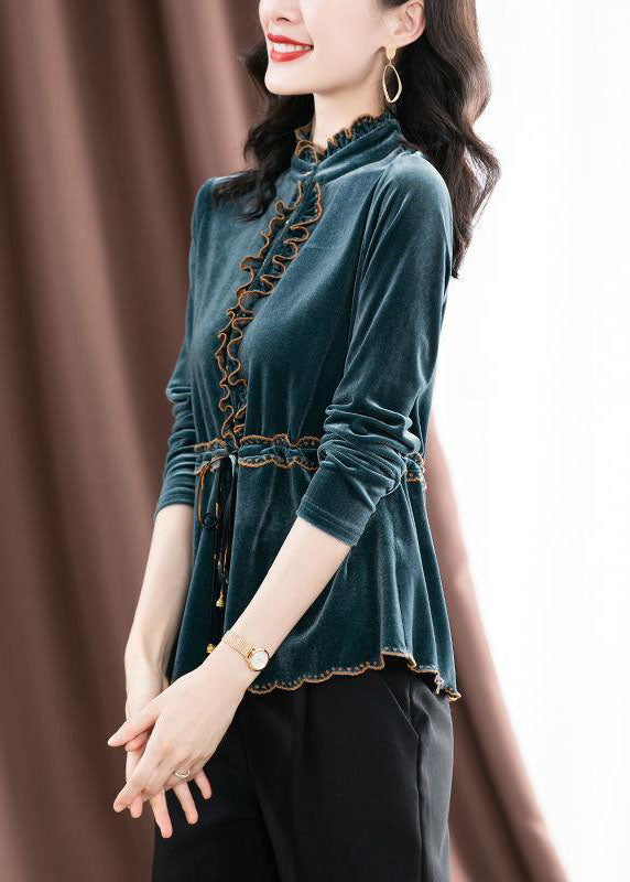 Handmade Blue Ruffled Tie Waist Silk Velour Blouses Long Sleeve