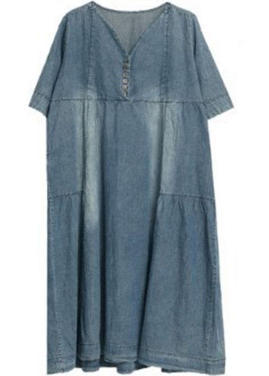 Handmade Blue V Neck Button Patchwork Fall Denim Half Sleeve Maxi Dress - Omychic