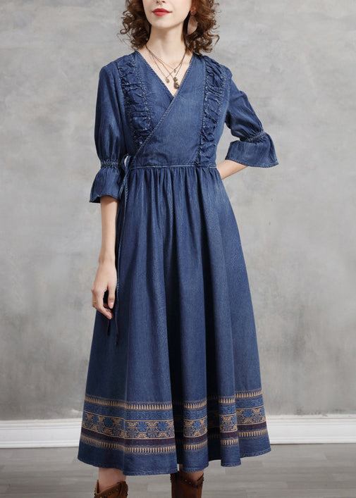 Handmade Blue V Neck Cinched Ruffled Embroideried Cotton Long Dress Half Sleeve