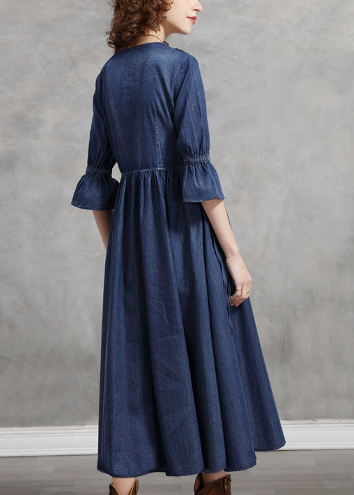 Handmade Blue V Neck Cinched Ruffled Embroideried Cotton Long Dress Half Sleeve