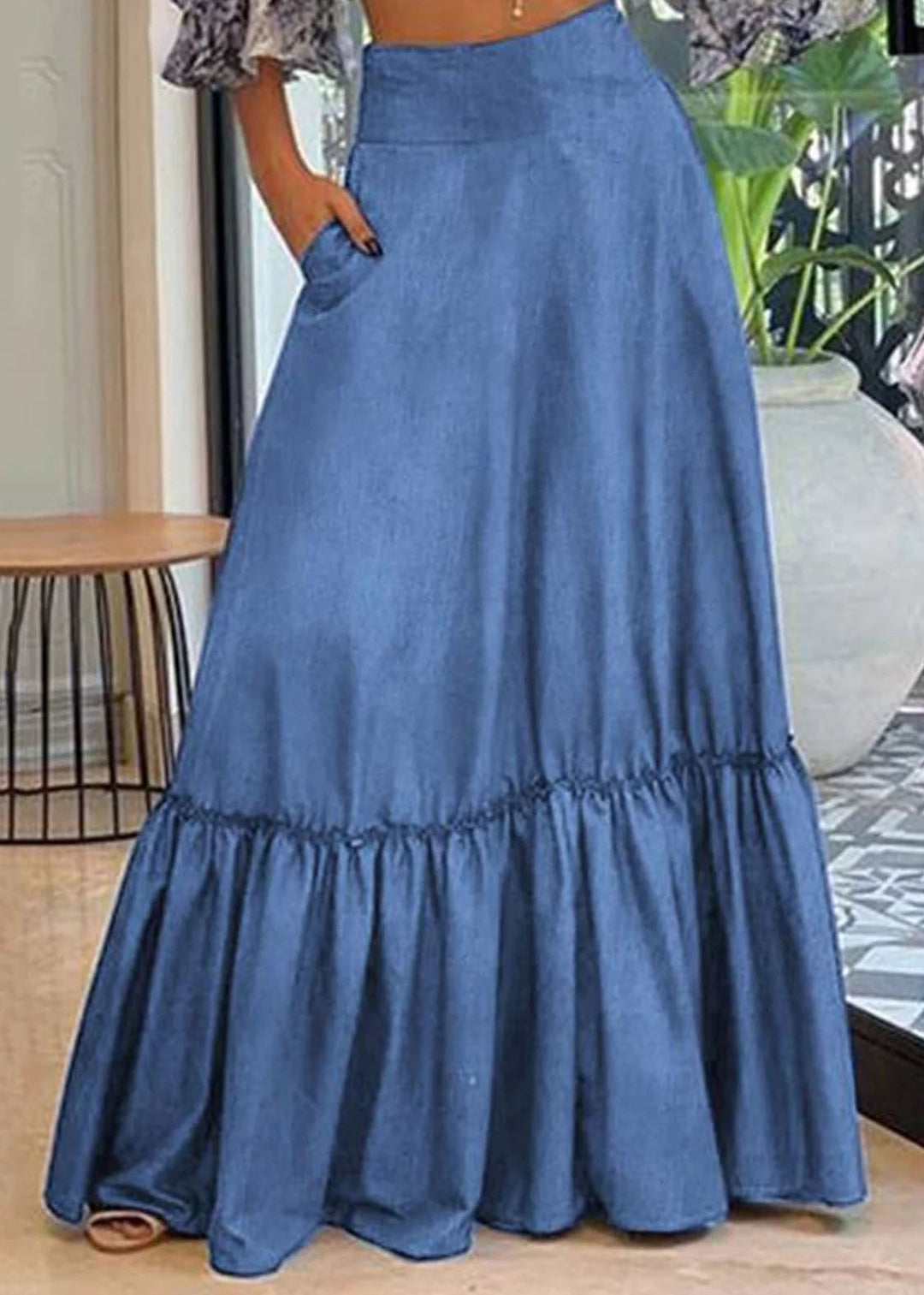 Handmade Blue Wrinkled Patchwork High Waist Denim Maxi Skirt Summer