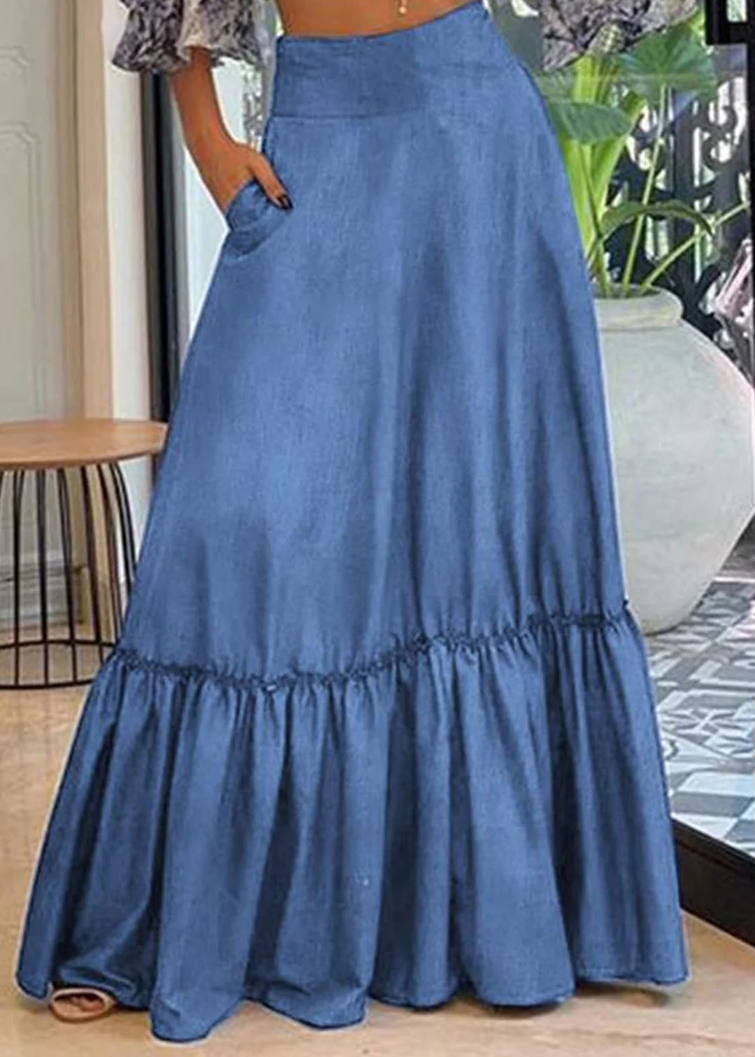 Handmade Blue Wrinkled Patchwork High Waist Denim Maxi Skirt Summer