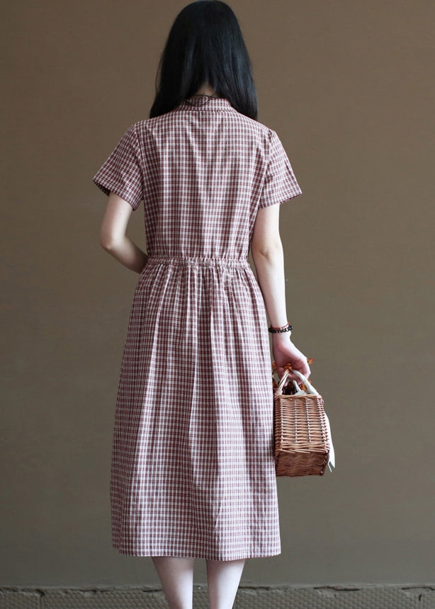 Handmade Brick Red Plaid Drawstring Peter Pan Collar Cotton Vacation Dresses Short Sleeve