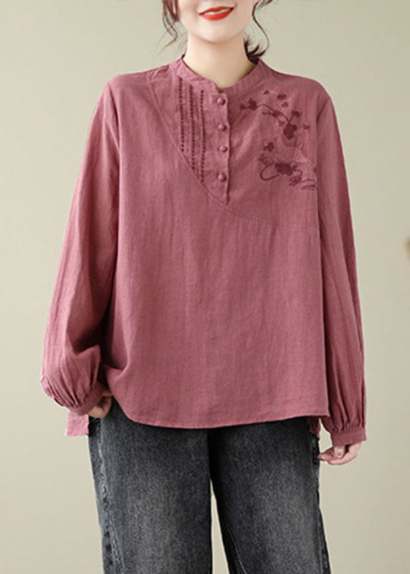 Handmade Brick Red Stand Collar Embroideried Patchwork Shirts Fall