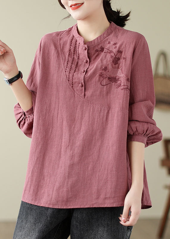 Handmade Brick Red Stand Collar Embroideried Patchwork Shirts Fall