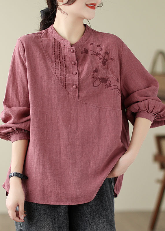 Handmade Brick Red Stand Collar Embroideried Patchwork Shirts Fall