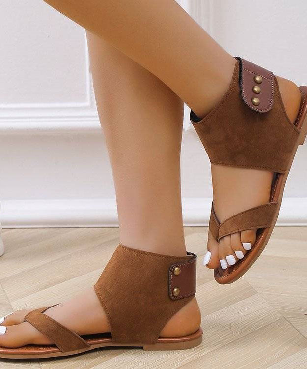 Handmade Brown Suede Splicing Rivet Walking Sandals