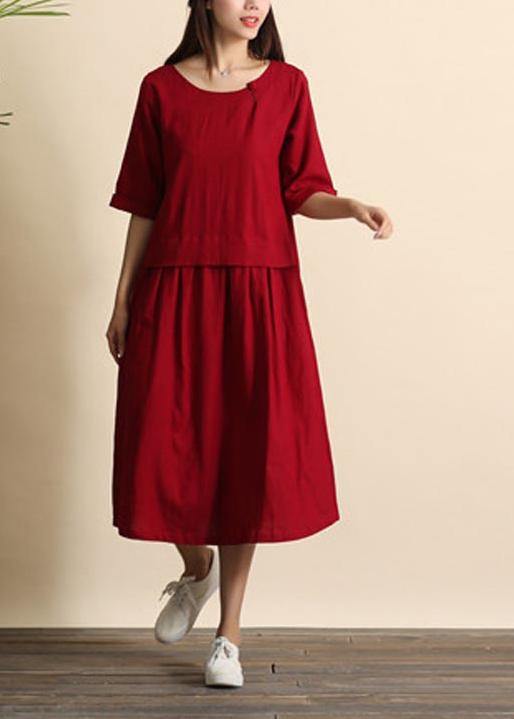 Handmade Burgundy Clothes O Neck Cinched Summer Dress - Omychic