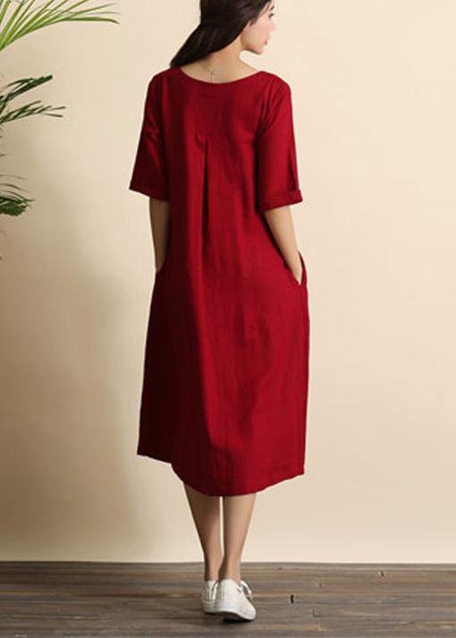 Handmade Burgundy Clothes O Neck Cinched Summer Dress - Omychic