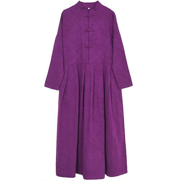 Handmade Chinese Button cotton stand collar clothes Women Work purple Traveling Dresses - Omychic