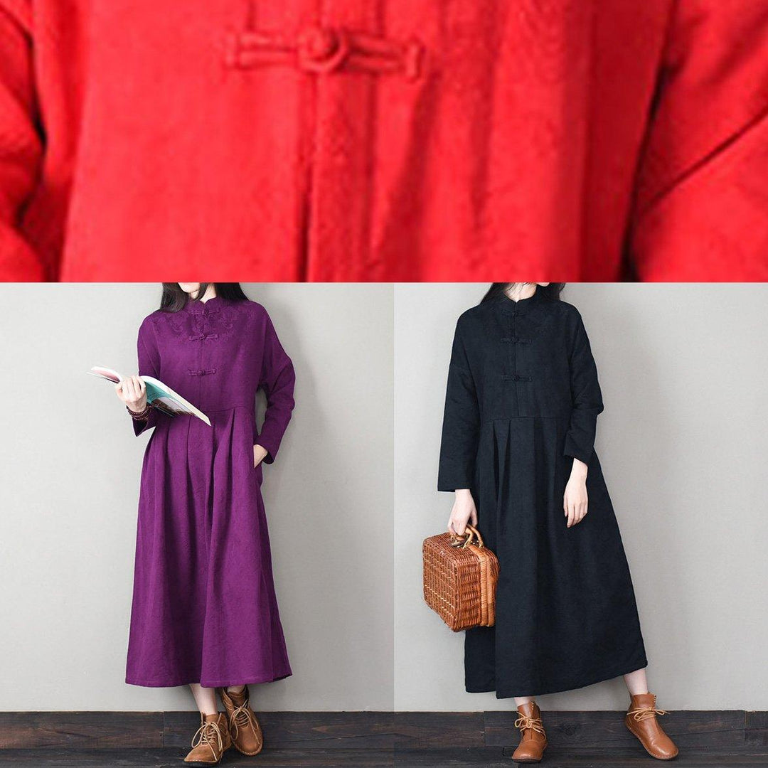 Handmade Chinese Button cotton stand collar clothes Women Work purple Traveling Dresses - Omychic