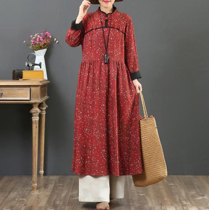 Handmade Chinese Button cotton stand collar tunic pattern Wardrobes red floral Plus Size Dresses - Omychic