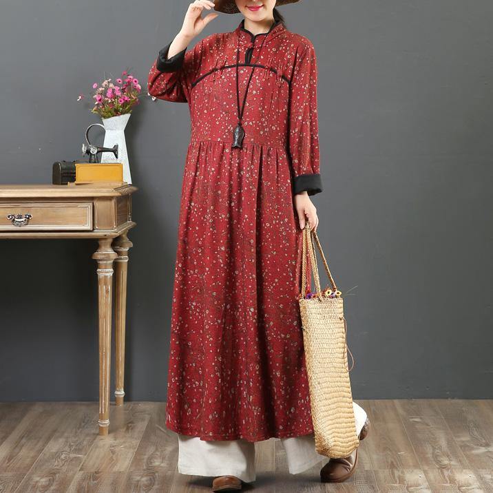 Handmade Chinese Button cotton stand collar tunic pattern Wardrobes red floral Plus Size Dresses - Omychic