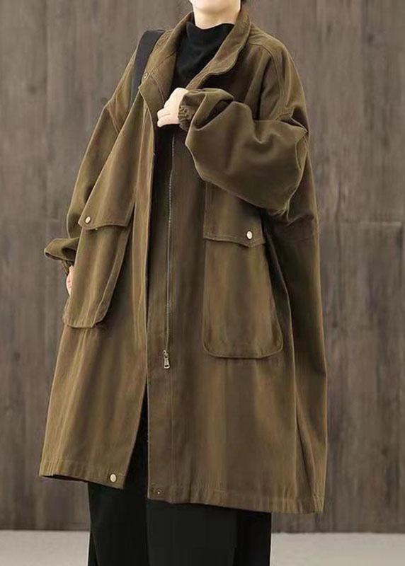 Handmade Coffee Casual zippered Pockets Patchwork Fall trench coats - Omychic