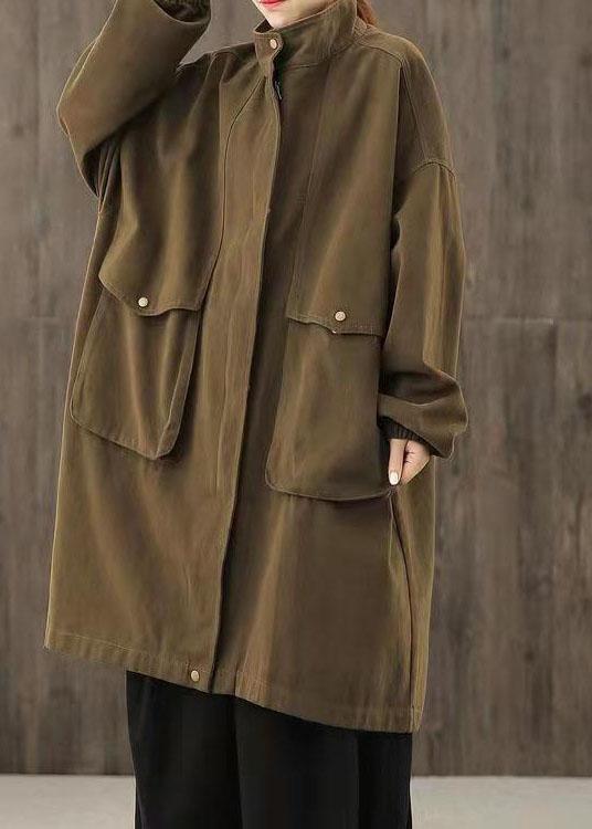 Handmade Coffee Casual zippered Pockets Patchwork Fall trench coats - Omychic